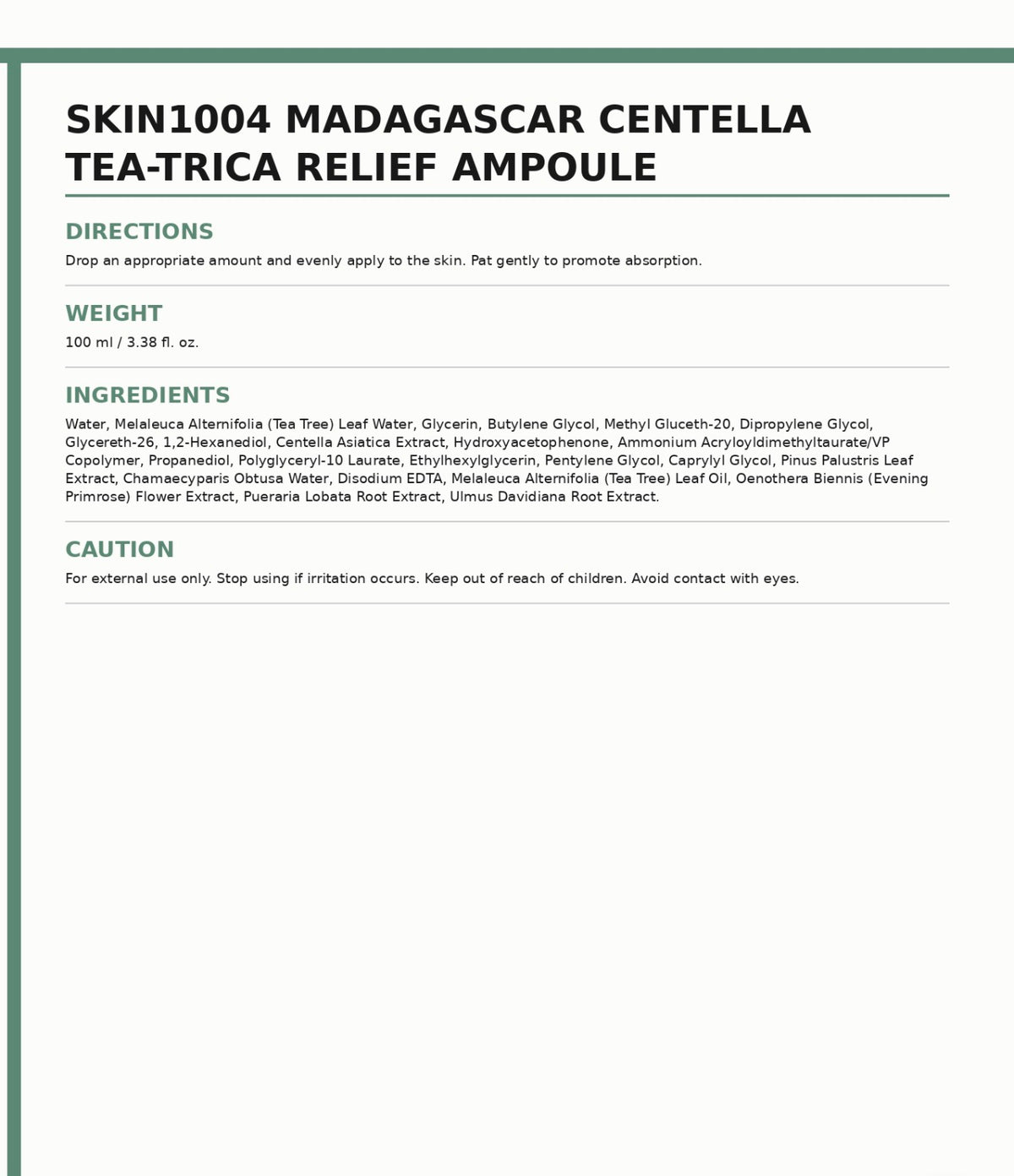 Skin1004 Madagascar Centella Tea Trica Relief Ampoule 100ml
