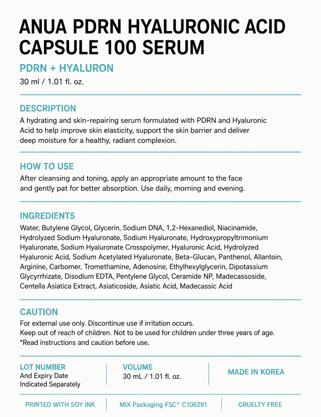 Anua 100+ PDRN & Hyaluron Serum 30ml