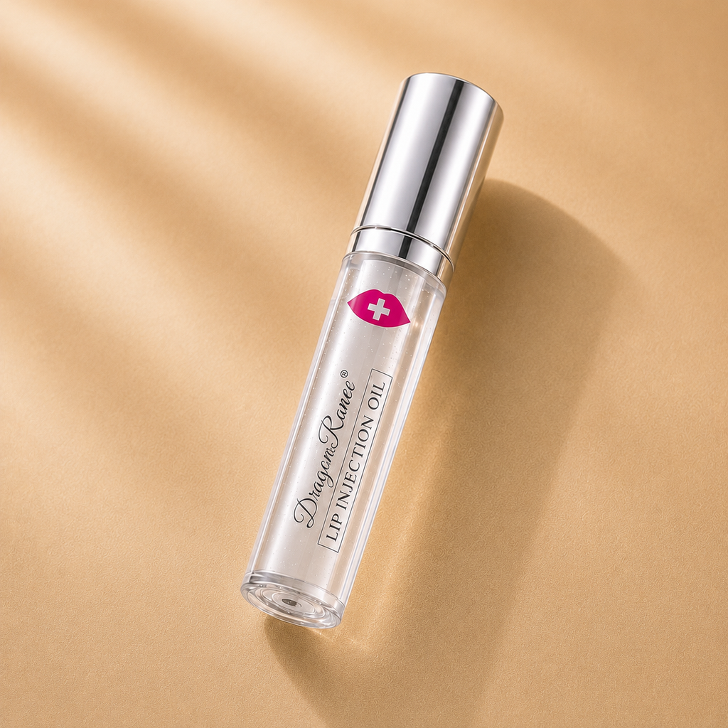 Silver Lip injection oil bottle with on a beige background